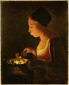 Girl Blowing on a Brazier (maalaus kankaalle) tekijältä Georges de la Tour