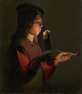 Nuori poika, jolla on piippu, puhaltaa tulipaloa, kirjoittanut La Tour, Georges, de (1583-1652). öljy kankaalle tekijältä Georges de La Tour