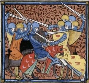 Ebroin kukistaa australialaiset, Les Grandes chroniques de France, Royal 16 G VI f.114v, n. 1332-1350 (22528516520). tekijältä Georgia Levan Ramishvili from Tbilisi