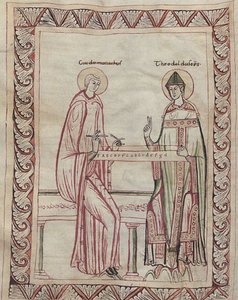 Arezzon Guido ja piispa Tedald työskentelevät monokordin parissa, 1100-luvun miniatyyri (21954743795).