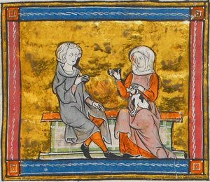 Lancelot keskustelemassa naisen kanssa, jolla on pieni mustavalkoinen koira kädessään, Morte Artusta, n. 1315-1325 (41067329535). tekijältä Georgia Levan Ramishvili from Tbilisi