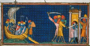 Ludvig IX laskeutuu Tunisiin, ja saraseenit katkaisevat ranskalaisten tien tornissa, lähteestä Chroniques de France ou de St Denis, 1300-luku (22528512660).