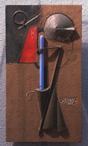 Materiaalien värillinen rakenne, numero 7. (asetelma). Georgi Avgustovich Stenbergin (1900-1933) työ, puu, metalli, lasi, hiekka puulla