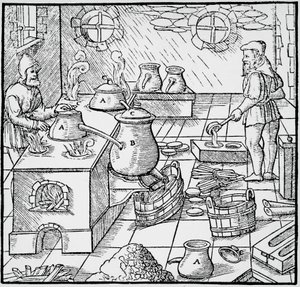 Kaiverrus De re metallicasta (Metallien luonnosta), Georg Pawer tai Georgius Agricola (1494-1555), julkaistu Baselissa tekijältä Georgius Agricola