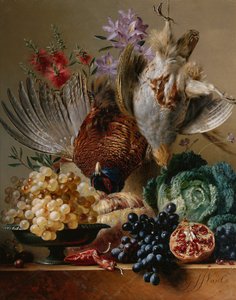 Kuollut fasaani, pelto, viinirypäleet, kaali, hedelmät ja kukat kielekkeellä (öljy kankaalle) tekijältä Georgius Jacobus Johannes van (after) Os