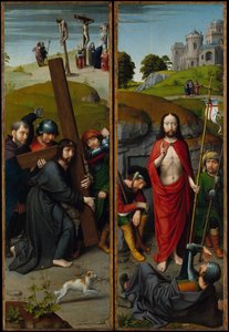 Kristus kantaa ristiä, ristiinnaulitsemisen, ylösnousemuksen, pyhiinvaeltajien kanssa..., n. 1510. tekijältä Gerard David