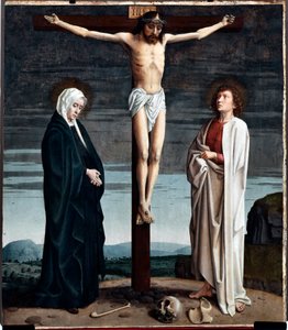 Ristiinnaulitseva polyyptyykkitaulu San Gerolamo della Cervaran kirkosta - Gerard Davidin maalaus (n. 1460-1523) 1506 Koko 90x100 cm Genes Musei di Strada Nuova (ex Palazzo Bianco) Italia tekijältä Gerard David