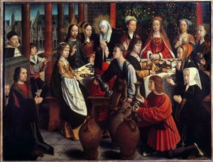 Kaanan häät Veden ihme muuttuu viiniksi hääjuhlan aikana, johon Jeesus ja Maria ovat kutsuttuja. Gerard Davidin (1460-1523) maalaus Sun. 1x1,28 m