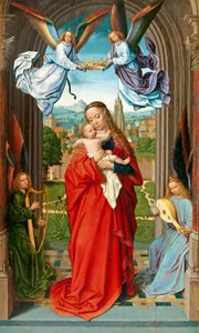 Neitsyt ja lapsi neljän enkelin kanssa, n. 1510-15 (öljy puulle) tekijältä Gerard David