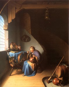 Sisustus, jossa nainen syö puuroa tekijältä Gerrit Dou