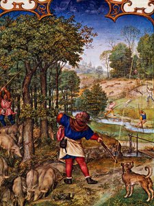 Marraskuu, tammenterhojen kerääminen ja jänismetsästys, miniatyyri Grimani Breviarysta, miniatyyri Gerard Horenbout (noin 1465-ennen 1541), Alexander ja Simon Bening (1483-1561), turska Lat I, 99 f 11v, Alankomaat