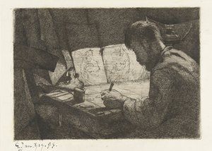 Omakuva piirustuspöydän takana tekijältä Gerard Jan Bos (signed by artist)