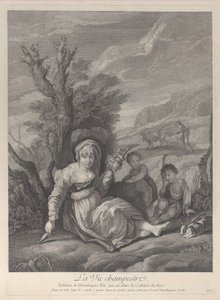 Maalaisnainen istumassa maisemassa, kaksi poikaa kyljellään, 1729-40. tekijältä Gerard Jean Baptiste Scotin