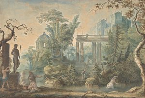 Arkadian maisema, jossa on useita hahmoja ja Apollon patsas, 1700-luku.