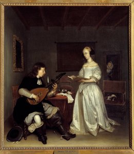 Duo; laulaja ja luutun soittaja theorbo. Hollantilaisen Gerard Ter Borchin (1617-1681) maalaus tekijältä Gerard ter Borch