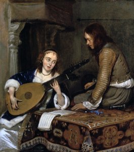 "Nainen soittamassa theorbo-luuttaa ja kavalieri", c1658