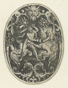 Pinnan koristelu: Hercules tappaa hirviön Geryonin Soikea pintakoristeet Herkuleen teoilla groteskeissa (sarjan nimi)
