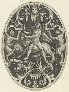 Pintakoristelu: Hercules ja Nemean leijona Soikea pintakoristeet Herkuleen teoilla groteskeissa (sarjan nimi)