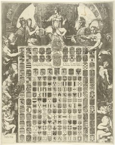 Prinssi William III:n sukupuolikäsivarret allegorisessa kehyksessä Oraenjenin prinssin sukupuoliaseet LXIIIII jne. ja Yhdistyneen Alankomaiden 7 aseet kaupungeineen jne. (otsikko esineessä) tekijältä Gerard de Lairesse