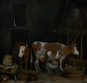 Palvelustyttö lypsää lehmää navetassa tekijältä Gerard ter Borch