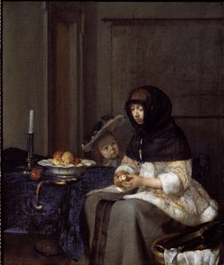 Äiti kuorimassa omenaa (öljy kankaalle tekijältä Gerard ter Borch