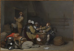 Vartiohuoneen sisätilat, jossa sotilaat tupakoivat ja pelaavat korttia tekijältä Gerard ter Borch