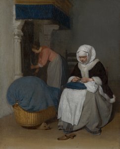 Nainen ompelee kehdon vieressä tekijältä Gerard ter Borch