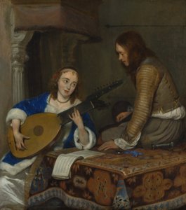 Teorboa soittava nainen ja ratsumies, noin 1658. tekijältä Gerard ter Borch