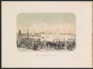 Kilpailu jääpurjeveneistä Maasilla Rotterdamissa, 1855 Näkymä hardsail-juhlille jääveneineen (otsikko esineessä) Jääviihdettä Maasilla Rotterdamissa helmikuussa 1855 kuvatekstein (sarjan nimi esineellä) tekijältä Gerardus Johannes Bos