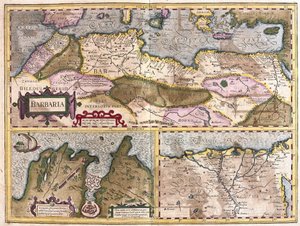 Pohjois-Afrikka Tunisin ja Niilin suiston piirityksenä (kaiverrus tekijältä Gerardus Mercator
