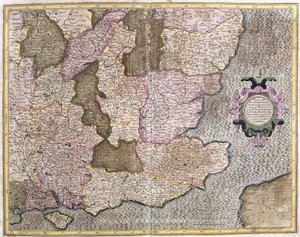 Kaakkois-Englannin alue mukaan lukien British Channel ja Lontoo (kaiverrus tekijältä Gerardus Mercator