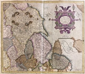 Yorkshire, Lincolnshire, Staffordshire, Nottinghamshire, Leicestershire, Rutland ja Norfolf, Iso-Britannia tekijältä Gerardus Mercator