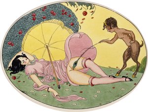 Satyr and a Young Girl, n. 1917 (musta muste ja akvarelli soikealla kortilla, kehystetty)