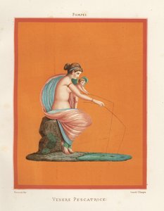 Venuksen seinämaalaus ja Cupidon kalastus vavoilla lammikosta. Löytyy Regio V.V.3:sta, Gladiaattorien talosta. Victor Steegerin kromolitografia Geremia Discannon kuvituksesta Emile Presuhnista (1844-1878) Pompejin kauneimmat maalaukset,