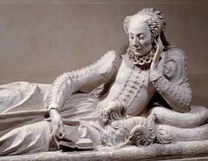 Hautausmuistomerkki: Ranskan liittokanslerin, kardinaali Rene de Biraguen (1506-1583) vaimon Jeanne Valentine Balbianin (1518-1572) hauta. Yksityiskohta. Germain Pilonin (1535 - 1590) marmoriveistos, noin 1573. Pariisi, Musee Du Louvre