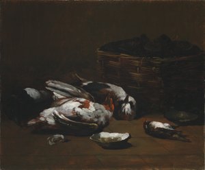 Asetelma kuolleiden lintujen kanssa ja osterikori, n. 1860-1880. tekijältä Germain Ribot