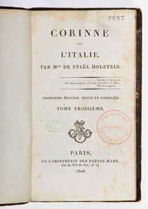 Corinne ou lItalien otsikkosivu, 3. tarkistettu ja laajennettu painos, 3. osa, Imprimerie des Freres Mame, Paris, 1808 (painettu paperi) tekijältä Germaine de Stael