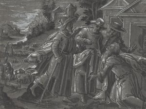 Abraham viihdyttämässä enkeleitä [verso] tekijältä German 16th Century