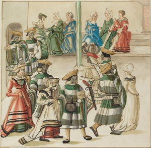 Kolme tanssivaa paria kahden ritarin johdolla huoneessa, jossa on sarake tekijältä German 16th Century
