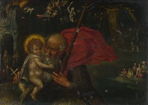 Pyhä Christopher kantamassa Kristus-lapsaa, 1600-luku tekijältä German Master