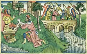 2 Kings 16 9-16 Damaskoksen asukkaat on vangittu Nürnbergin Raamatusta (Biblia Sacra Germanaica) (värillinen puupiirros) tekijältä German School