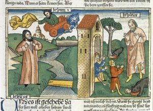 2 Kings 2 1-24 Elia nousee taivaaseen pyörteessä ja karhut syövät Elisaa pilkkasivat pojat, Nürnbergin Raamatusta (Biblia Sacra Germanaica) (värillinen puupiirros) tekijältä German School
