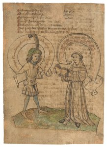 Fransiskaanimunkki ja nuori mies, kuvitus Das Spiegelbuch -kirjan lehdellä, keskikorkeasaksaa, Itä-Svabia, luultavasti Augsburg, noin 1470-luku (muste paperille). tekijältä German School