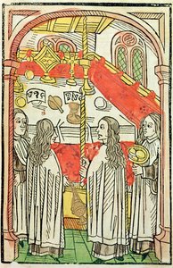 Kreikan ortodoksinen messu Konstanzin kirkolliskokouksessa vuonna 1415, kuva Ulrich Richentalin (1378-1437) Konstanzin kirkolliskokouksen kronikasta 1483 (värillinen puupiirros) tekijältä German School
