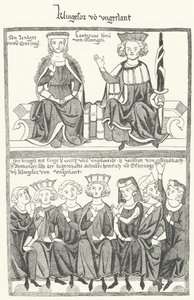 Kuvaus Sangerkriegistä, minstrelien kilpailusta Wartburgin linnassa Thüringenissä vuonna 1207, Codex Manessesta (kaiverrus) tekijältä German School