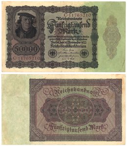Viidenkymmenen tuhannen markan seteli, 1922 (recto ja verso) tekijältä German School