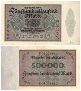 Viidensadan tuhannen markan seteli, 1923 (recto ja verso) tekijältä German School