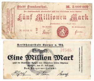 Viiden miljoonan ja miljoonan markan setelit, 1923 tekijältä German School