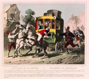 Moottoritiemiehet hyökkäävät häämatkaparin kimppuun Italiassa, Gangel & P. Didionin julkaisema kuvalehti, Metz, n. 1850 tekijältä German School