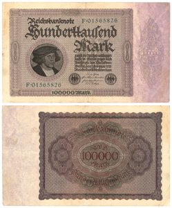 Sadan tuhannen markan seteli, 1923 (recto ja verso) tekijältä German School